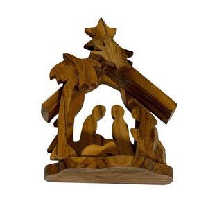 Christmas Nativity Scene Natural Wood Handmade Hand Carved Holy Baby Jesus Mary